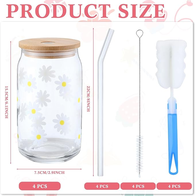 Gerrii 4 Pcs Tumbler Glass Cups with Bamboo Lids and Straw 16 oz Beer Can Tumbler Iced Coffee Cups Flower Drinking with Glass Straw for Birthday Gift(Daisy)