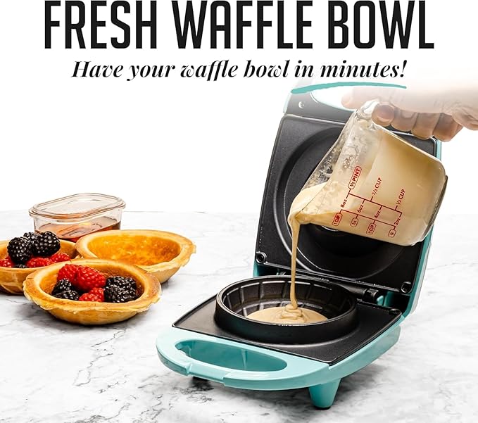 OVENTE Electric Waffle Bowl Maker for Breakfast with Non-Stick Coating, 520W Power, Indicator Light and Cool Touch Handle, Perfect for Homemade Ice Cream Cups & Delicious Desserts, Turquoise WMB2405BL