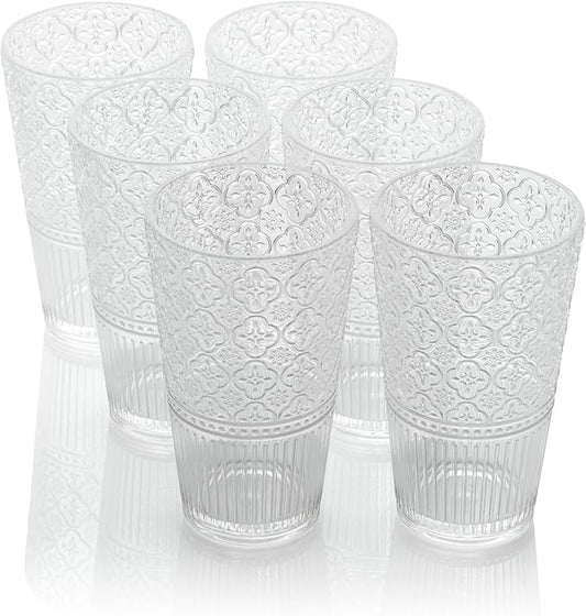 Victoria Clear Set of 6 Premium Acrylic Ice Tea Glass 22 oz – Unbreakable Glassware with Elegant Embossed Design, Dishwasher Safe for Indoor & Outdoor Use