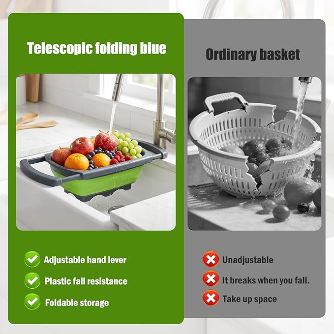 2 Pack Collapsible Colander Strainer, 6 Quart Over the Sink Colander with Ergonomic Non-Slip Handles, Durable Silicone Strainer for Veggies Fruits Pasta, Dishwasher Safe Space-Saving Kitchen Essential