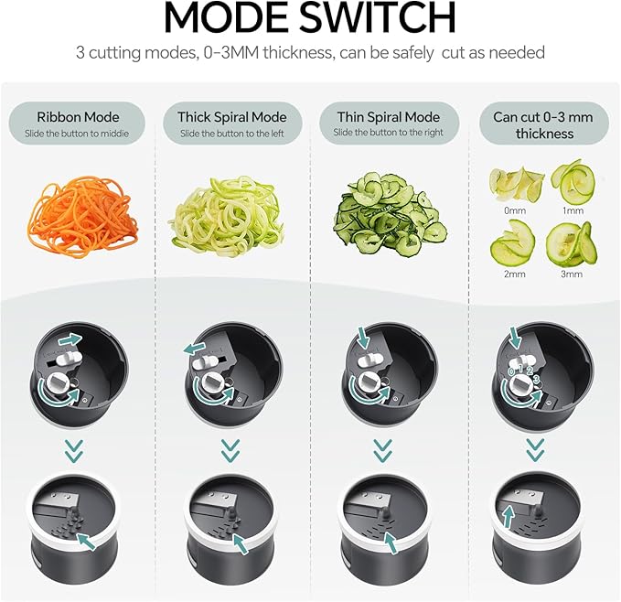 3 in 1 Vegetable Spiralizer Slicer, Adjustable Thickness 0-3mm, Zucchini Spiralizer Veggie Noodle Maker for Cucumber/Zoodle/Salad/Spaghetti/Pasta with Food Container, Cleaning Brush, Gray
