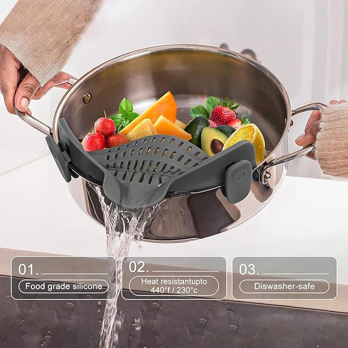 Silicone clip-on strainer for all pots and pans, clip-on food strainer for meat, vegetables, fruits and pasta strainer, heat resistant, kitchen gadget, colander
