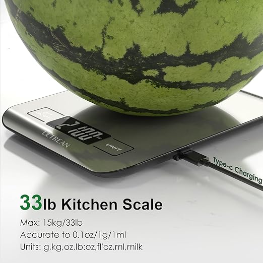 Ultrean Smart Food Kitchen Scale with Nutritional Calculator, Free App for Macro & Calorie Tracking, AI Scan, Digital Grams and Ounces for Weight Loss, Rechargeable, Stainless Steel, 33lb /15kg