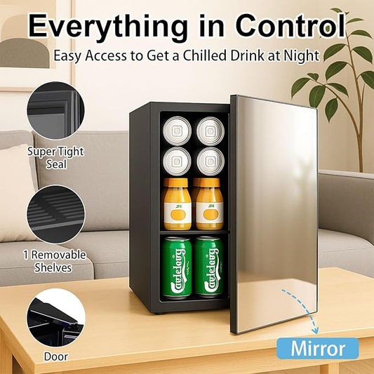 0.9 Cu.Ft Mini Refrigerator and Beauty Fridge, 24 Cans Mini Fridge with Mirror Door, Temperature Control, Removable Shelf, Compact Cooler for Bedroom, Dorm, Office, Beverage Beauty Storage