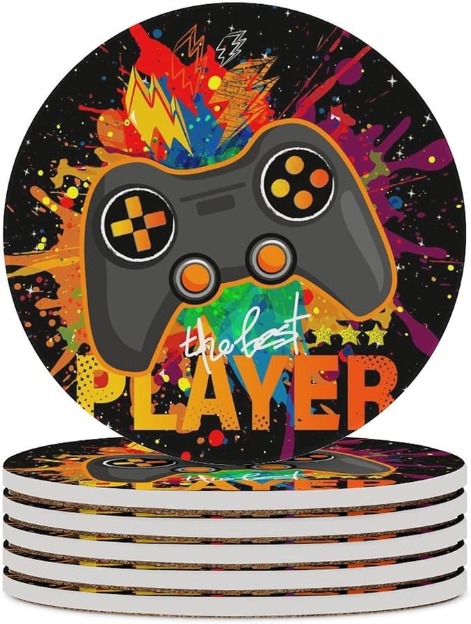 Round-6PCS Gamer Drink Coasters, Round Modern Ceramic Absorbent Coasters, Kids Cool Gamepad Colorful Game Controller Gaming Gamer Decor Desk Coffee Table Coaster for Beverage Cup Tea Coasters