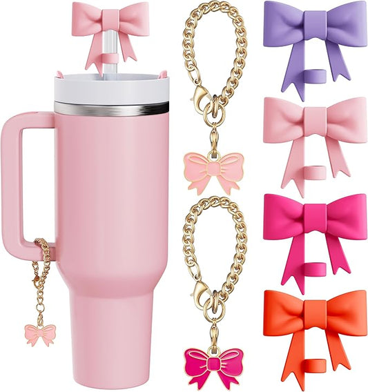 Compatible with Stanley Cup Accessories - 4Pcs 10mm Cute Bow Straw Topper Compatible with Stanley Cup Straw Cover Cap, 2pcs Bow Charms for Stanley 30&40 Oz Tumbler with Handle