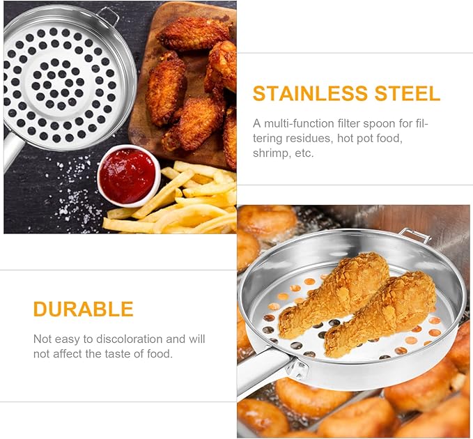 UPKOCH Stainless Steel Large Hole Colander Strainer Spoon with Handle 14.56 Inch Flat Bottom Mesh Kitchen Gadget for Cooking Pasta Vegetables and Hot Pot