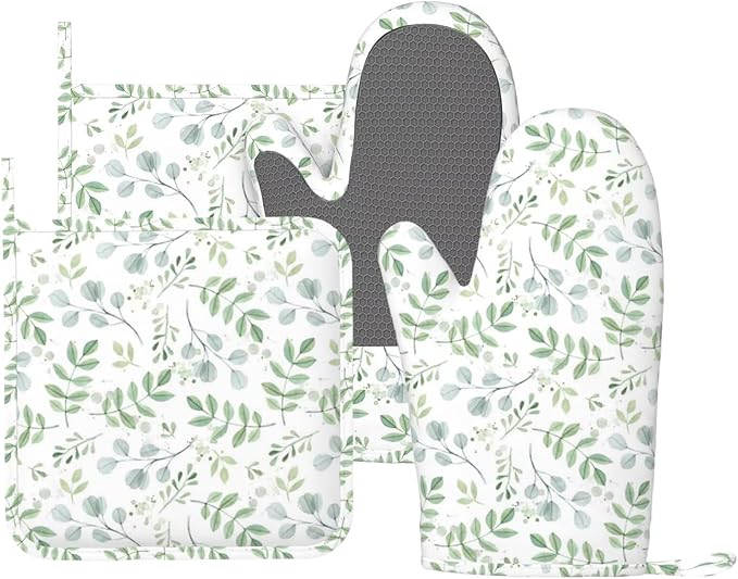 Blue Eucalyptus Silicone Oven Mitts and Pot Holders Sets Green Branches Watercolor Kitchen Mitts Potholder Kitchen Accessories for Cooking Baking BBQ
