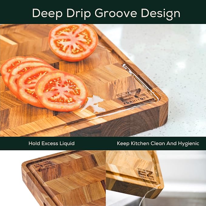 EZ FURNITURE Teak Herringbone Wood Premium Cutting & Serving Board, Knife Friendly, Non-Toxic, Juice Groove & Handles, Pre-Oiled with Food-Grade Mineral Oil (XL 24" x 18" x 1.5", 16.98 lbs)