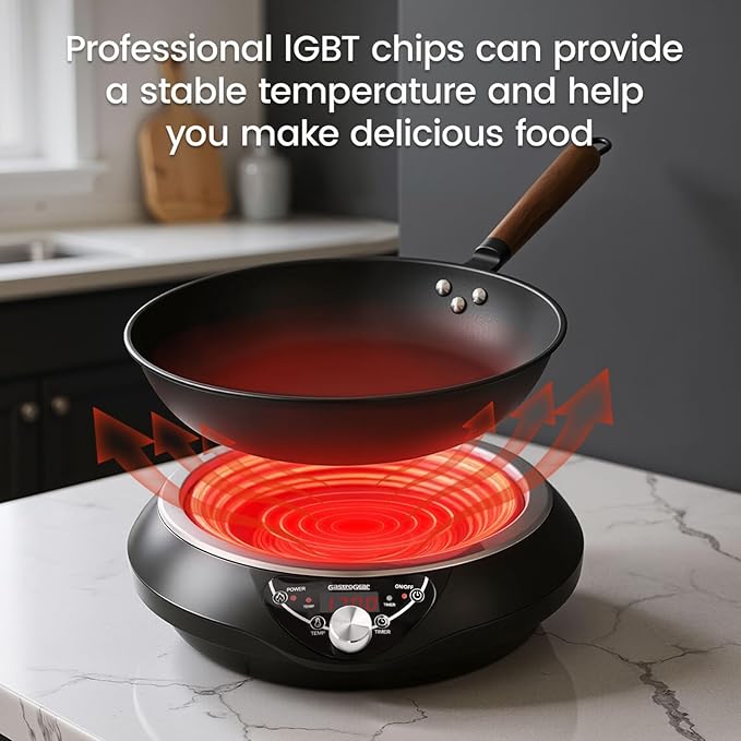 GastroGear Induction Wok Cooktop Set, 2025 New & Improved Electric Skillet Induction Burner w/Carbon Steel Wok, Glass Vented Lid, Rack, 176°F to 464°F, 18 Hrs Timer, Auto-off (Black 110V~120V)