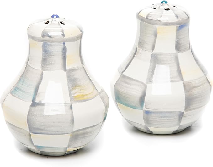 MACKENZIE-CHILDS Enamel Salt and Pepper Shakers, Farmhouse Kitchen Decor and Accessories, Small, Gray-and-White Sterling Check