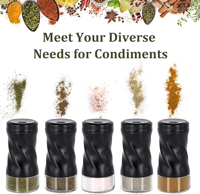 Black Salt and Pepper Shakers with Adjustable Pour Hole by NEODACO, Modern Glass Salt Shaker with Stainless Steel Lids for Kitchen Gadgets Table, RV, Ideal for Himalayan, Kosher, and Black Pepper