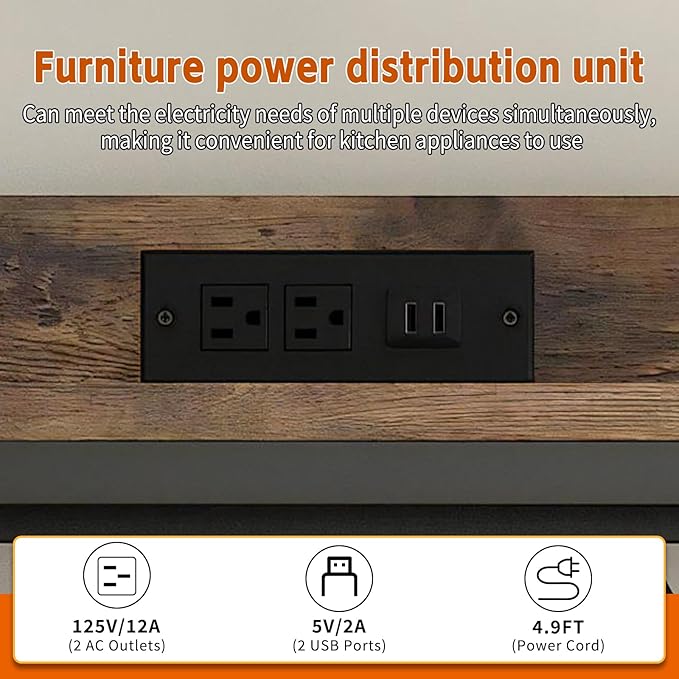 Bakers Rack with 4-Tier Mini Adjustable Shelves and Power Outlet, Heavy-Duty Metal Frame Kitchen Shelf Organizer, Mini Fridge & Microwave Stand for Kitchen, Dorm, Living Room, Walnut Brown