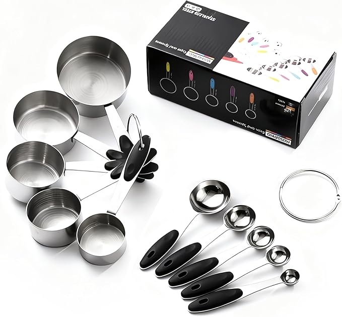 Inmorven 10pcs Measuring Cups and Spoons Set, Nesting Kitchen Stainless Steel Measuring Set for Baking Cooking Dry Liquid Ingredients Upgraded Thickness Handle-Black