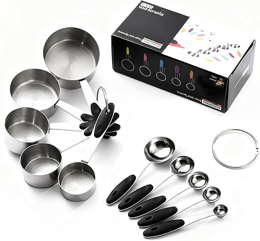 Inmorven 10pcs Measuring Cups and Spoons Set, Nesting Kitchen Stainless Steel Measuring Set for Baking Cooking Dry Liquid Ingredients Upgraded Thickness Handle-Black