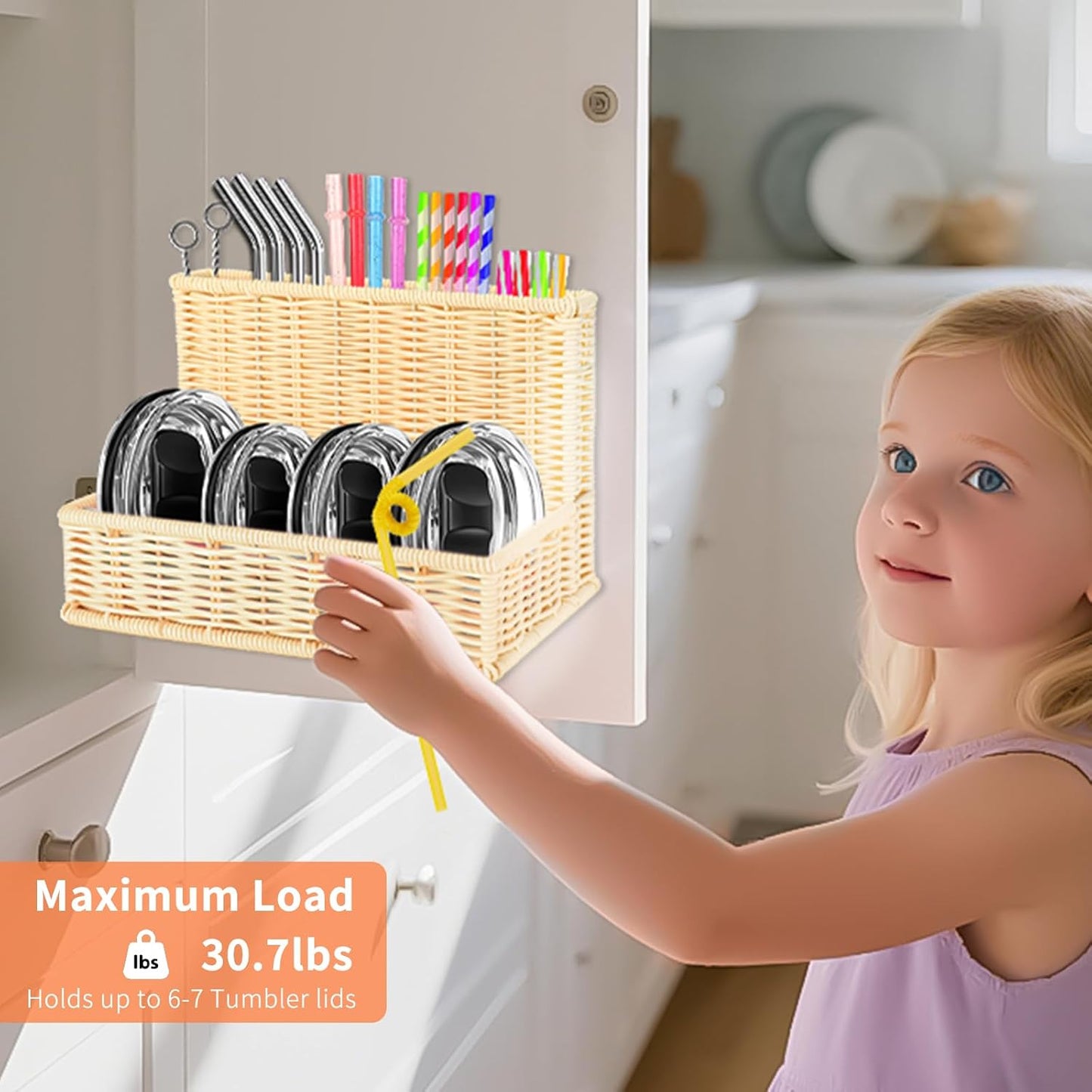 9.8" Poly Wicker Straw Holder for Cabinet Door with Strong Adhesive Hooks,Woven Straws Holder Dispenser for Tumbler Lid,Reusable Straws,Kitchen Accessories for Countertop (Nature)