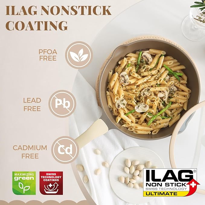 PRICUSIS Nonstick Deep Frying Pan with Glass Lid, 12 Inch (4.8 qt), 5X Durable Nonstick Sauté Pan, Scratch & Stain Resistant, PFOA Free, Induction Compatible, Dishwasher & Oven Safe, Natural Linen