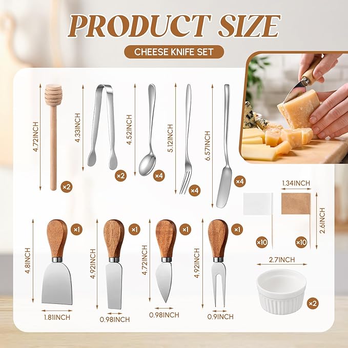 Hushee 42 Pcs Charcuterie Boards Accessories with Magnetic Acacia Wood Holder Wooden Cheese Knife Set for Wood Handle Butter Knives for Cheese Knife Slicer with Tongs, Spoons, Forks, Honey Dipper