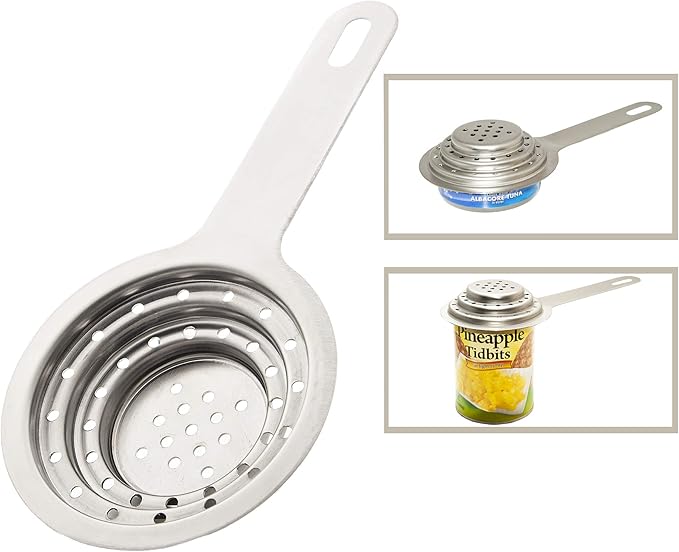 Universal Can Strainer | Food Grade Stainless Steel Can Colander with Handle | Canned Food Strainer| Tuna Press | Food Tin Strainer for Large & Small | Canning Colander