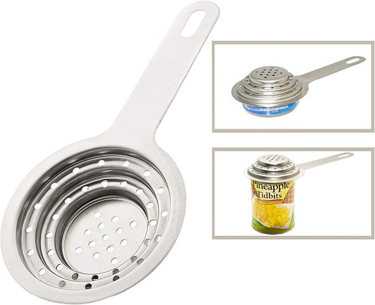 Universal Can Strainer | Food Grade Stainless Steel Can Colander with Handle | Canned Food Strainer| Tuna Press | Food Tin Strainer for Large & Small | Canning Colander