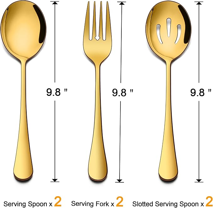 Homikit 6 Pack Serving Spoons Slotted Spoons Forks, 9.8 Inch Stainless Steel Gold Serving Utensils Hostess Set for Catering Buffet Party Banquet Restaurant, Mirror Polish & Dishwasher Safe