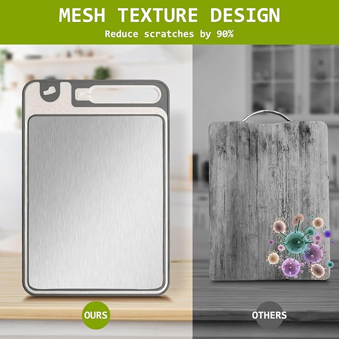 NTIERA 3-in-1 Stainless Steel Cutting Board for Kitchen, Double Sided, Cutting Board,Scratch-Resistant Mesh Design with Juice Groove,Easy Clean,Wheat Straw PP Large Chopping Board 15 * 11IN