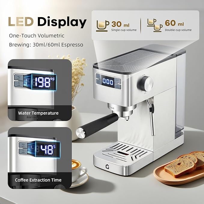 Takywep 20 Bar Professional Espresso Machine with Steam Milk Frother, Stainless Steel Home Coffee Maker, Compact for Kitchen Counter with Removable Water Tank, Silver