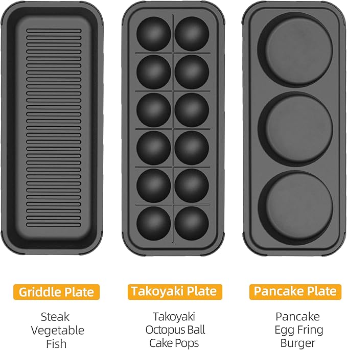 Multifunctional Electric Griddle Electric Grill Nonstick Baking Maker with 3 Interchangeable Pans For Takoyaki Cake Pop/ Mini Pancake/ Fried Steak