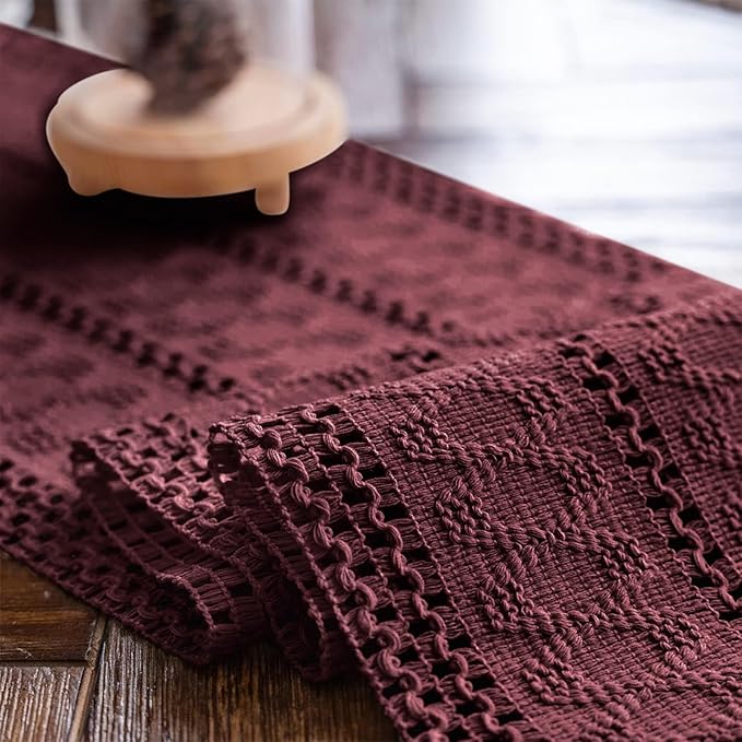Alynsehom Macrame Table Runner Burgundy Boho Table Runners with Tassels Hand Woven Cotton Table Runner Rustic Farmhouse Table Runners for Bohemian Kitchen Dining Table(12x36in)
