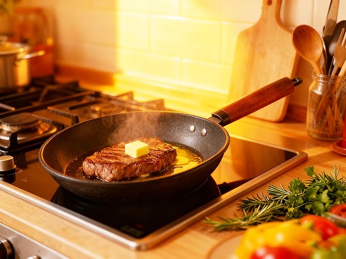 CBESTUTENSIL Non-stick frying pan, granite-coated skillet, lightweight egg pan, chef's frying pan,Fried eggs don't stick to the pan， wooden handle (10 inches)