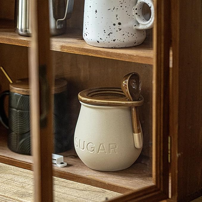 Ceramic Sugar Bowl with Lid and Spoon, 16 Oz Sugar Container for Coffee Bar Decor, Farmhouse Sugar Jar Sugar Dispenser, Vintage Kitchen Decor and Accessories (1 Pack)