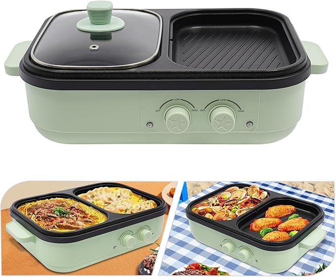 Hot Pot with Grill, 2 in 1 Indoor Non-Stick Electric Hot Pot and Frying Pan, Dual Temper Control, Fast Heating for BBQ Steaks, Portable Multifunctional BBQ Grill for Outdoor Party (B-Green)