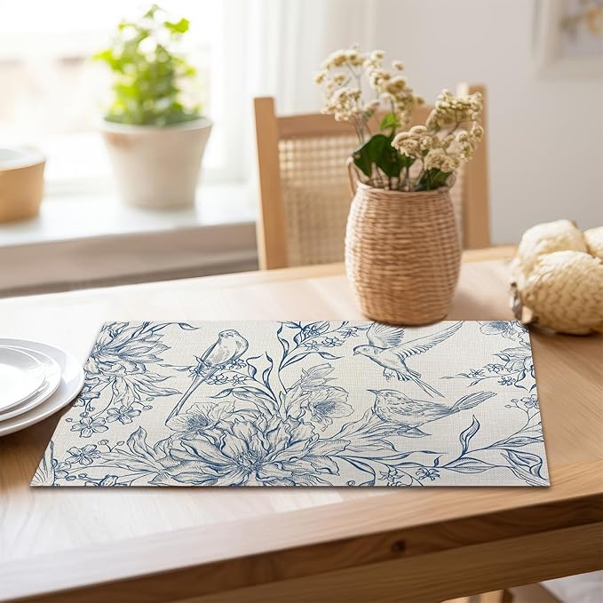 Flowers Branches Rustic Placemats Tablemats Resistant Place Mats Kitchen Decor Dining Decoration for Party, Washable Placemats Set of 4-11