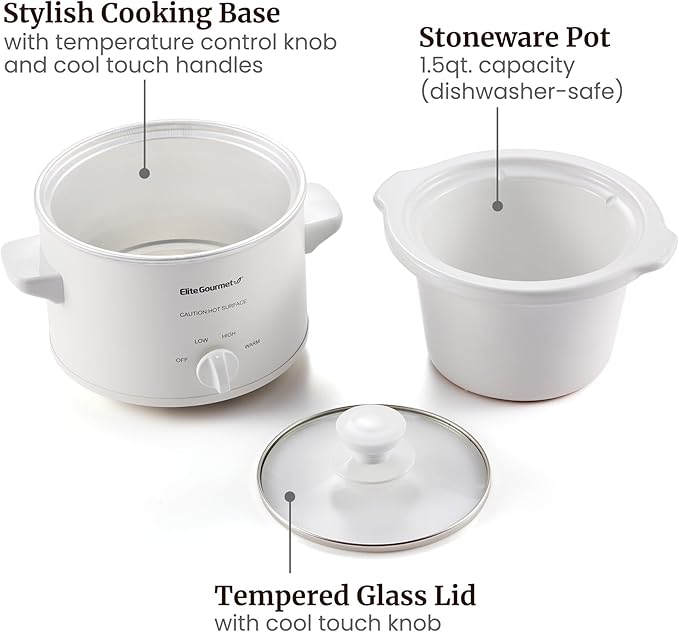 Elite Gourmet MST-250XW Electric Slow Cooker Ceramic Pot Adjustable Temp, Entrees, Sauces, Stews & Dips, Dishwasher Safe Glass Lid & Crock