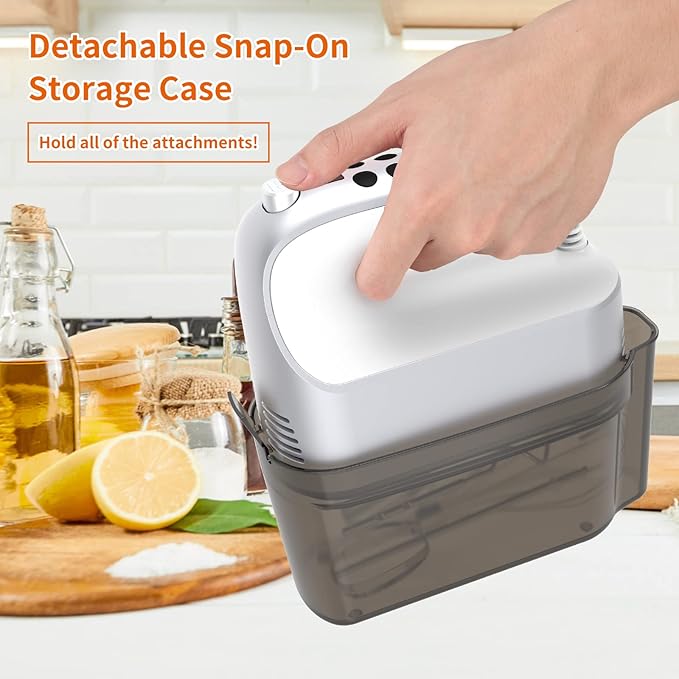 Yomelo 9-Speed Digital Hand Mixer Electric, 400W Powerful DC Motor, Hand Mixer Electric Handheld with Snap-On Storage Case, 5 Stainless Steel Accessories, Beaters, Dough Hooks, Whisk(Silvery White)