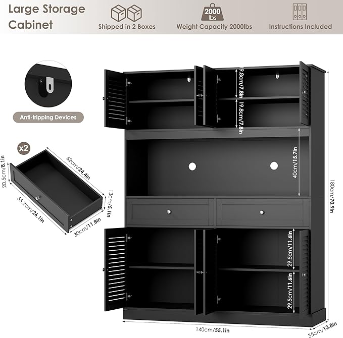 HIFIT 71" Hx55''W Large Kitchen Hutch Storage Cabinet, Farmhouse Coffee Bar Hutch with Microwave Stand, Tall Kitchen Pantry Cabinet with Louvered Doors, 2 Cable Holes, 2 Drawers, Black