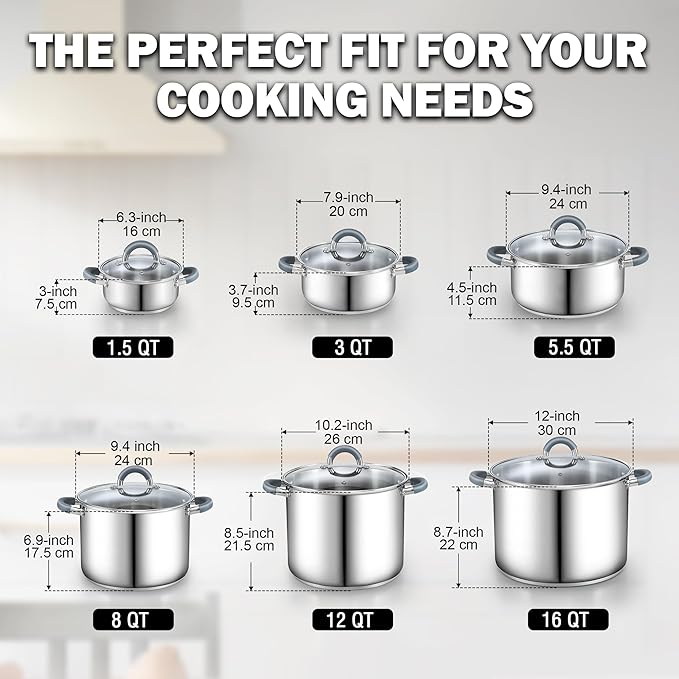 Cook N Home Large Stock Pot with Lid, 16-Quart Basic Stainless Steel Cooking Gumbo Soup Pot, Stay-Cool Silicone Handles