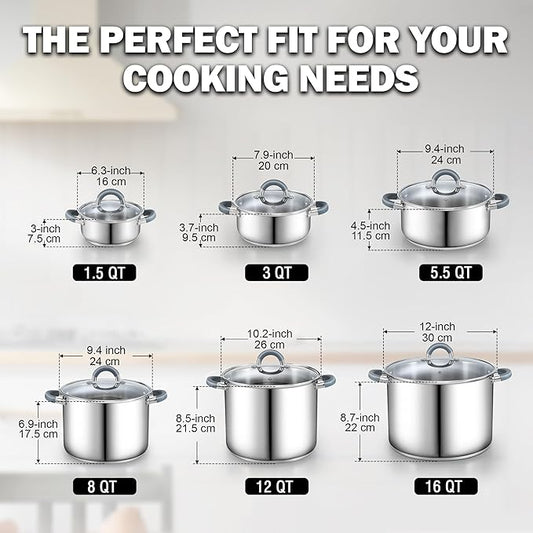 Cook N Home Stockpot with Lid, 8-Quart Basic Stainless Steel Pasta Cooking Soup Pot, Stay-Cool Silicone Handles