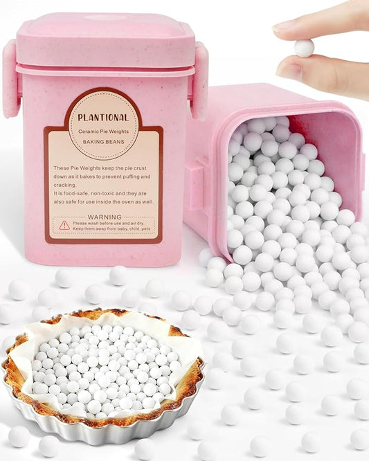 PLANTIONAL Ceramic Pie Weights, 1.5 Lb Reusable 10mm Baking Beads with Wheat Straw Container, Natural Ceramic Stoneware Baking Beans for Pie Crust Pastry (Pink)
