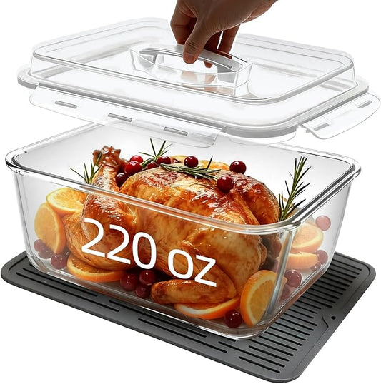Extra Large Glass Storage Containers with Lids, Large Glass Food Containers for Rotisserie Chicken/Turkey and Potluck, Giant Watermelon Container, XL Big Bowl Freezer Storage Container Airtight 220 oz