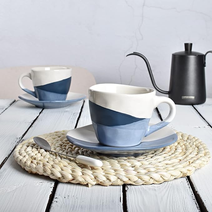 Bosmarlin Stoneware Coffee Cup Mug with Saucer Set of 2 for Latte, Cappuccino, Tea, Oz, Dishwasher and Microwave Safe (Geometric Blue, 2)