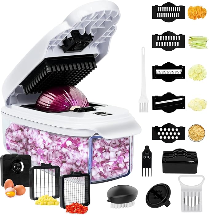 Veggie Chopper –10 in 1 Onion Chopper · Vegetable Chopper with Container · Pepper Chopper · Vegetable Slicer – Kitchen Gadget & Home Essentials (White & Black)