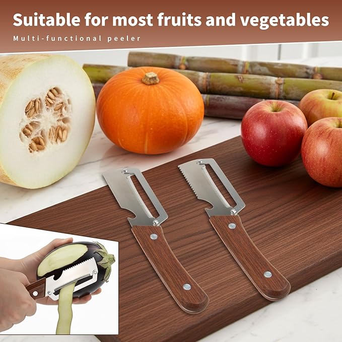 2 Pcs Multi-Functional Vegetable Peeler for Kitchen, Features Solid Wood Handles, Stainless Steel Blade, with Bottle Opener, Kitchen Peeling Tool for Fruits Potatoes Apples Carrots Zucchini