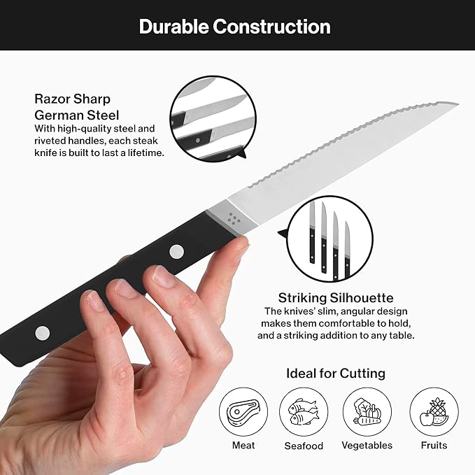 Misen Steak Knives Set of 4 - Precision Serrated Blades for Effortless Dining - Stainless Steel - Superior Cuts with Four Steak Knives Handles - Black