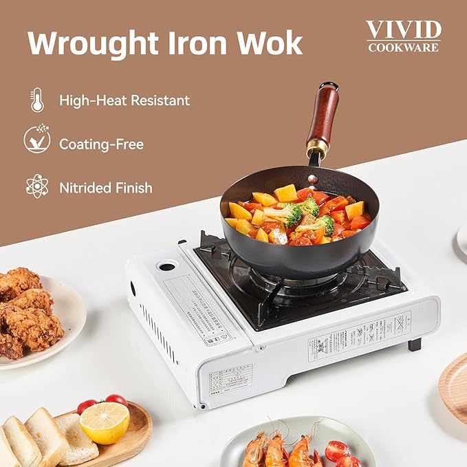 VIVIDCOOKWARE 7.8 Inch Small Wok, Cold-Forged Iron Pot with Wooden Lid & Handle, 1.6 QT Sauce Pan for 1-2 Servings, Multipurpose Flat Bottom Wok for Stir-Fry, Pasta & Soup, Induction Compatible