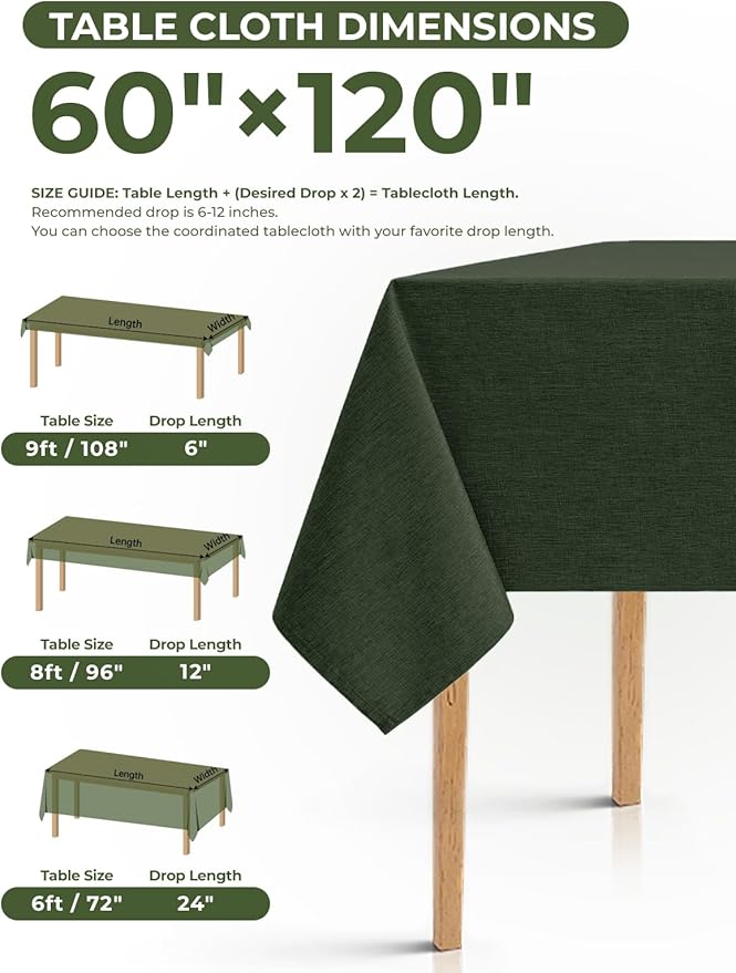 Waterproof Faux Linen Rectangle Tablecloth, Spillproof Wrinkle Free Outdoor Reusable Table Cloth for Patio,Holiday,Banquet,Party,Buffet Dinner (Oblong,60 x 120 Inch (10-12 Seats),Dark Green)