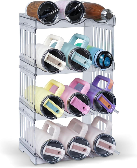 Water Bottle Organizer 4-Tier Set - Heavy Duty Stackable Holder for 40oz Stanley Tumblers & Wine Bottles, Drainable Kitchen Rack, Easy to Clean (Gift Idea)