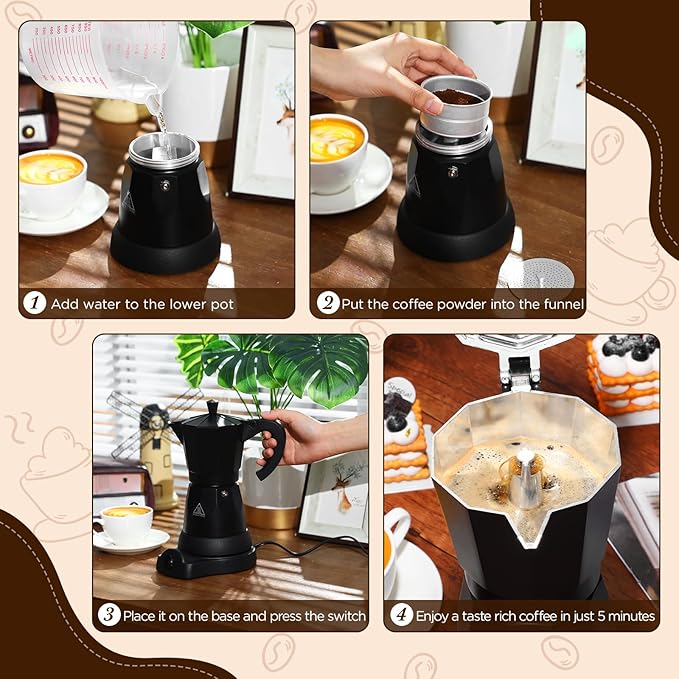 Lemosae Coffee Pot 6 Cup Electric Espresso Coffee Maker Italian Moka Maker 300ml Portable Aluminum Espresso Machine Cafetera Moka Pot with Detachable Base, Gift for Home Travel(Black)