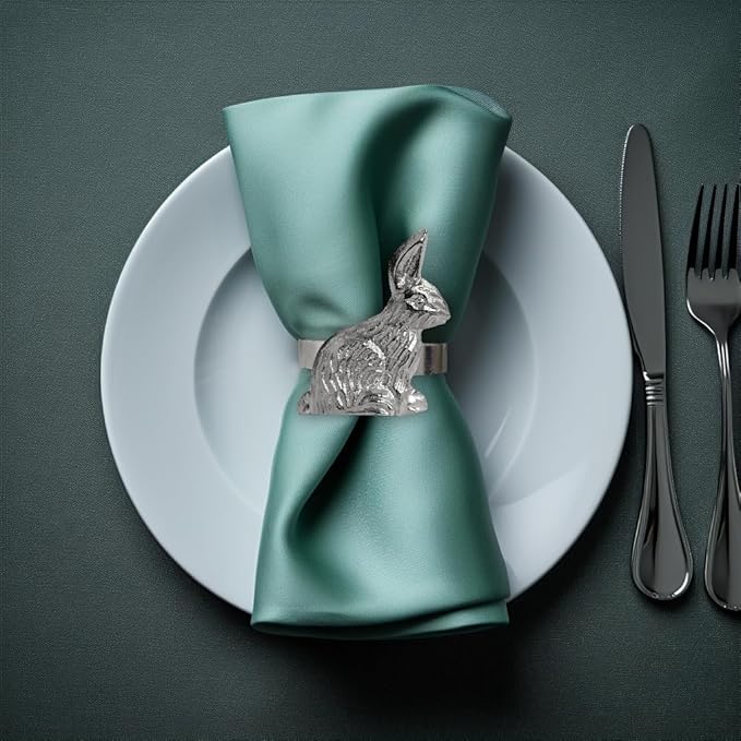 COTTON CRAFT Easter Bunny Napkin Ring - Set of 8 Metal Napkin Rings - Spring Summer Everyday Napkin Holders - Easter Brunch Party Gift - Dining Table Décor - Silver