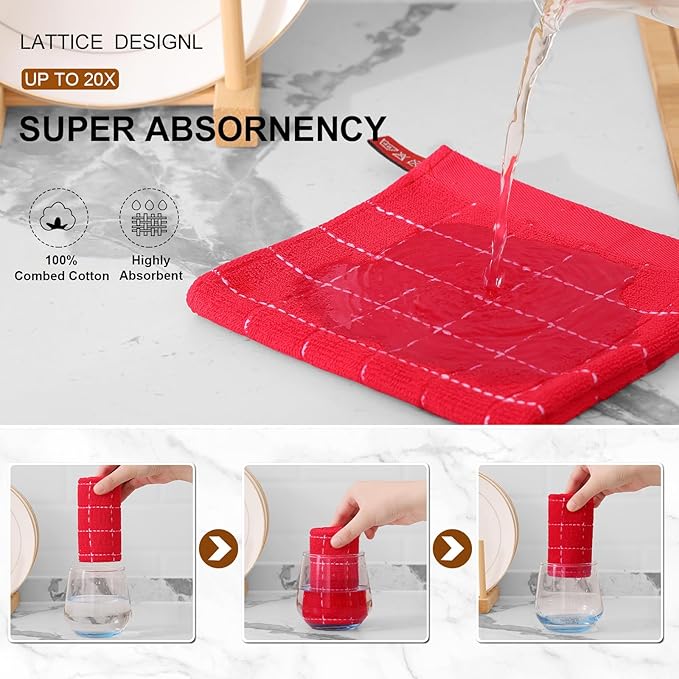 Mordimy 100% Cotton Terry Cloth Dish Cloths, Soft and Absorbent Checkered Dish Towels, Quick Drying Dish Rags for Washing Dishes, 8 Pack, 12 x 12 Inches, Red